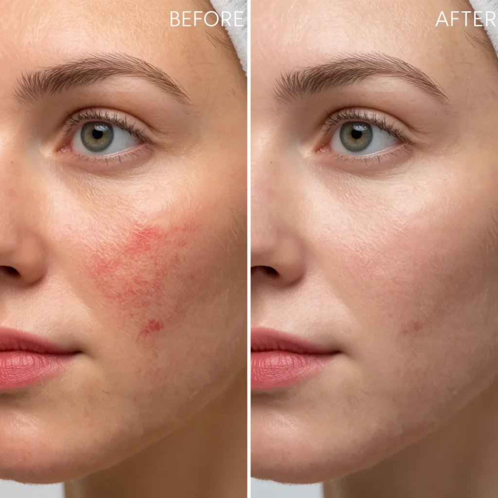Before and after microneedling treatment for acne scars showing improved skin texture and reduced scarring