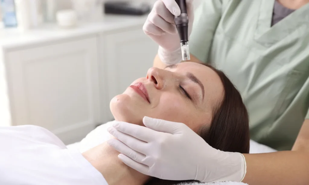 Dermatologist performing microneedling facial treatment on patient at Adult and Pediatric Dermatology in Queens NY