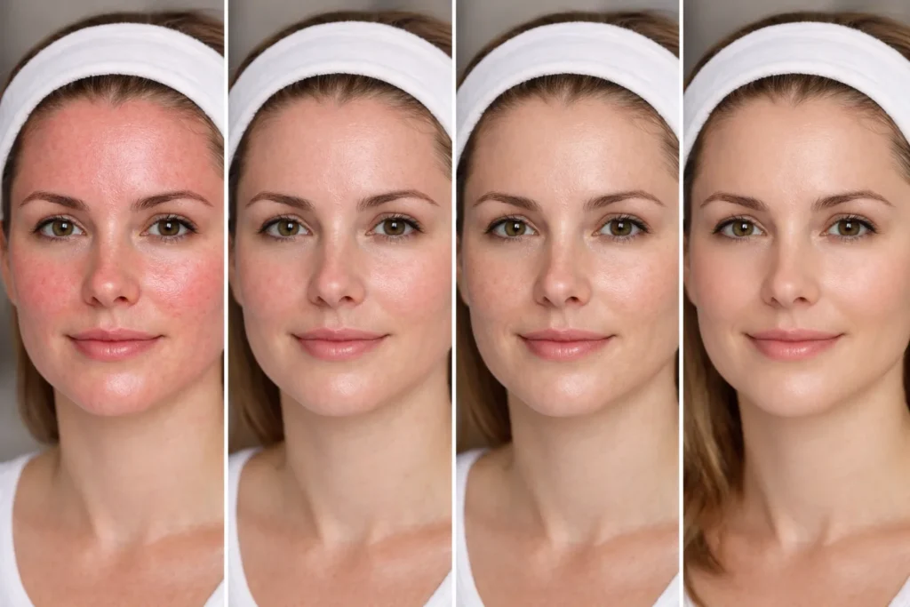 Day-by-day microneedling recovery timeline showing skin healing from redness to smooth glowing results